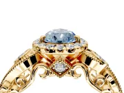 Milgrain Halo Engagement Ring Setting for Fancy Blue Pear-Shaped Center with Shoulder Bezels and Prong Head in Yellow Gold