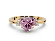 3 Stone Engagement Ring Setting for Fancy Pink Heart-Shaped Center with Low-Set Round Cut Accents and Prong Head in Yellow Gold