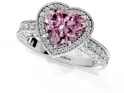 Milgrain Halo Engagement Ring Setting for Fancy Pink Heart-Shaped Center with Wide Pave Band and Prong Head in Sterling Silver