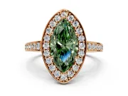 Bezel-Framed Halo Engagement Ring Setting for Fancy Green Marquise Center with Pave Band and Prong Head in Rose Gold
