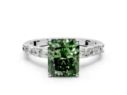 Baguette Engagement Ring Setting for Fancy Green Radiant Cut Center with Alternating Bar-Set Band and Prong Head in White Gold