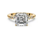 Solitaire Engagement Ring Setting for Asscher Cut Center with Bezel-Dot Beaded Band and Prong Head in Yellow Gold