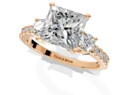 3 Stone Engagement Ring Setting for Princess Cut Center with Round Cut Side Accents and Prong Head in Rose Gold