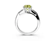 3 Stone Engagement Ring Setting for Fancy Yellow Round Cut Center with Tapered Baguettes, Plain Band and Prong Head in White Gold