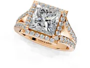 Halo Engagement Ring Setting for Princess Cut Center with Narrow Pave Split Shank and Prong Head in Rose Gold