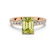 Solitaire Engagement Ring Setting for Fancy Yellow Emerald Cut Center with Round Cut Pave Band and Prong Head in Rose Gold