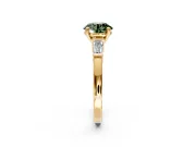 3 Stone Engagement Ring Setting for Fancy Green Round Cut Center with Channel Baguette Accents and Prong Head in Yellow Gold