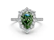 Halo Engagement Ring Setting for Fancy Green Pear-Shaped Center with Single-Row Pave, Open Basket and Prong Head in Platinum