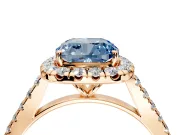 Halo Engagement Ring Setting for Fancy Blue Cushion Cut Center with Narrowing Pave Band and Prong Head in Rose Gold
