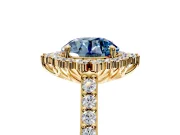 Sunburst Halo Engagement Ring Setting for Fancy Blue Round Cut Center with Pave Band and Prong Head in Yellow Gold