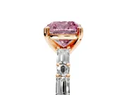 Baguette Engagement Ring Setting for Fancy Pink Cushion Cut Center with Alternating Bar-Set Band and Prong Head in Rose Gold