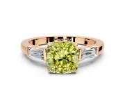 3 Stone Engagement Ring Setting for Fancy Yellow Cushion Cut Center with Baguette Accents and Prong Head in Rose Gold