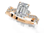 Solitaire Engagement Ring Setting for Emerald Cut Center with Bar-Station Pave Twist and Prong Head in Rose Gold