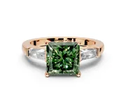 3 Stone Engagement Ring Setting for Fancy Green Princess Cut Center with Tapered Baguettes, Plain Band and Prong Head in Rose Gold