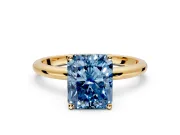 Hidden Halo Engagement Ring Setting for Fancy Blue Radiant Cut Center with Thin Round-Wire Band and Prong Head in Yellow Gold