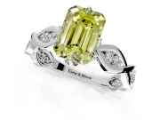 Solitaire Engagement Ring Setting for Fancy Yellow Emerald Cut Center with Accented Twist Band and Leaf Prong Head in Platinum