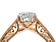 Solitaire Engagement Ring Setting for Cushion Cut Center with Engraved Pave Band and Prong Head in Rose Gold