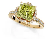 Halo Engagement Ring Setting for Fancy Yellow Princess Cut Center with Openwork Halo, Pave Band and Prong Head in Yellow Gold