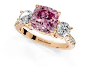 3 Stone Engagement Ring Setting for Fancy Pink Cushion Cut Center with Crossover Basket, Pave Band and Prong Head in Rose Gold