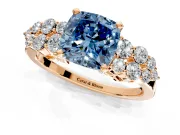 Cluster Engagement Ring Setting for Fancy Blue Cushion Cut Center with 2-Row Shoulder Clusters and Prong Head in Rose Gold