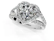 Halo Engagement Ring Setting for Heart-Shaped Center with Narrow Pave Split Shank and Prong Head in White Gold