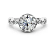 Milgrain Bezel Engagement Ring Setting for Round Cut Center with Marquise Stations and Bezel Head in White Gold