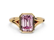Solitaire Engagement Ring Setting for Fancy Pink Emerald Cut Center with V Split Shank and Bezel Head in Yellow Gold