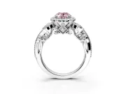 Milgrain Halo Engagement Ring Setting for Fancy Pink Oval Center with Shoulder Bezels and Prong Head in Platinum