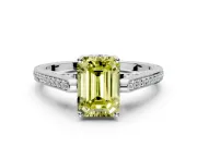 Cathedral Engagement Ring Setting for Fancy Yellow Emerald Cut Center with Antique-Style Pave Band and Prong Head in White Gold