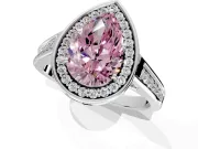 Halo Engagement Ring Setting for Fancy Pink Pear-Shaped Center with Outer Bezel Rim, Pave Band and Prong Head in Platinum