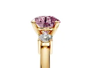 3 Stone Engagement Ring Setting for Fancy Pink Round Cut Center with Wide Plain Band and Prong Head in Yellow Gold