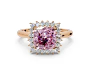Starburst Halo Engagement Ring Setting for Fancy Pink Cushion Cut Center with Thin Round-Wire Band and Prong Head in Rose Gold