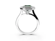 Halo Engagement Ring Setting for Fancy Green Asscher Cut Center with Milgrain Frame, Pave Band and Prong Head in Sterling Silver
