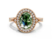 Halo Engagement Ring Setting for Fancy Green Oval Center with Milgrain Rim, Pave Band and Prong Head in Rose Gold