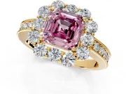 Halo Engagement Ring Setting for Fancy Pink Asscher Cut Center with Milgrain Channel Band and Prong Head in Yellow Gold