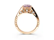 Cathedral Engagement Ring Setting for Fancy Pink Princess Cut Center with Antique-Style Pave Band and Prong Head in Rose Gold
