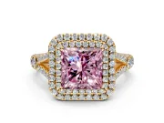 Double Halo Engagement Ring Setting for Fancy Pink Princess Cut Center with Narrow Pave Split Shank and Prong Head in Yellow Gold