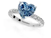 Solitaire Engagement Ring Setting for Fancy Blue Heart-Shaped Center with Round Cut Pave Band and Prong Head in White Gold