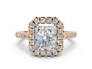 Pave Halo Engagement Ring Setting for Radiant Cut Center with Single Row Pave Band and Prong Head in Rose Gold