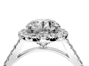 Halo Engagement Ring Setting for Round Cut Center with Narrowing Pave Band and Prong Head in Sterling Silver