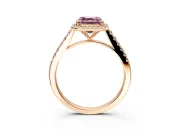 Halo Engagement Ring Setting for Fancy Pink Asscher Cut Center with Narrowing Pave Band and Prong Head in Rose Gold