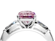 3 Stone Engagement Ring Setting for Fancy Pink Radiant Cut Center with Tapered Baguettes, Plain Band and Prong Head in White Gold