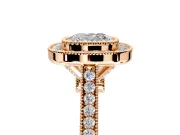 Halo Engagement Ring Setting for Cushion Cut Center with Milgrain Frame, Pave Band and Prong Head in Rose Gold
