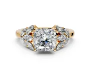 Leaf Cluster Engagement Ring Setting for Cushion Cut Center with Marquise Accents and Prong Head in Yellow Gold