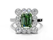 Cluster Halo Engagement Ring Setting for Fancy Green Emerald Cut Center with Milgrain Bezel Accents and Prong Head in White Gold