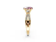 3 Stone Engagement Ring Setting for Fancy Pink Oval Center with Pave Split Shank and Prong Head in Yellow Gold