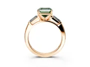 3 Stone Engagement Ring Setting for Fancy Green Asscher Cut Center with Tapered Baguettes, Plain Band and Prong Head in Rose Gold