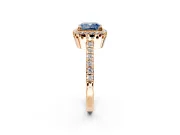 Halo Engagement Ring Setting for Fancy Blue Cushion Cut Center with Inner Milgrain Border and Prong Head in Rose Gold