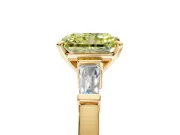 3 Stone Engagement Ring Setting for Fancy Yellow Radiant Cut Center with Channel Baguette Accents and Prong Head in Yellow Gold