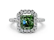 Pave Halo Engagement Ring Setting for Fancy Green Radiant Cut Center with Single Row Pave Band and Prong Head in White Gold